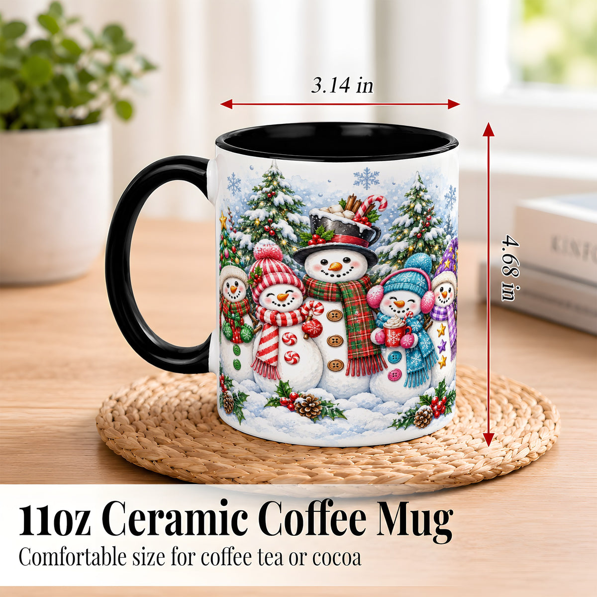 #pl[11oz|Black] Snowman Family Coffee Mug, Watercolor Christmas Mug, Ceramic Cup