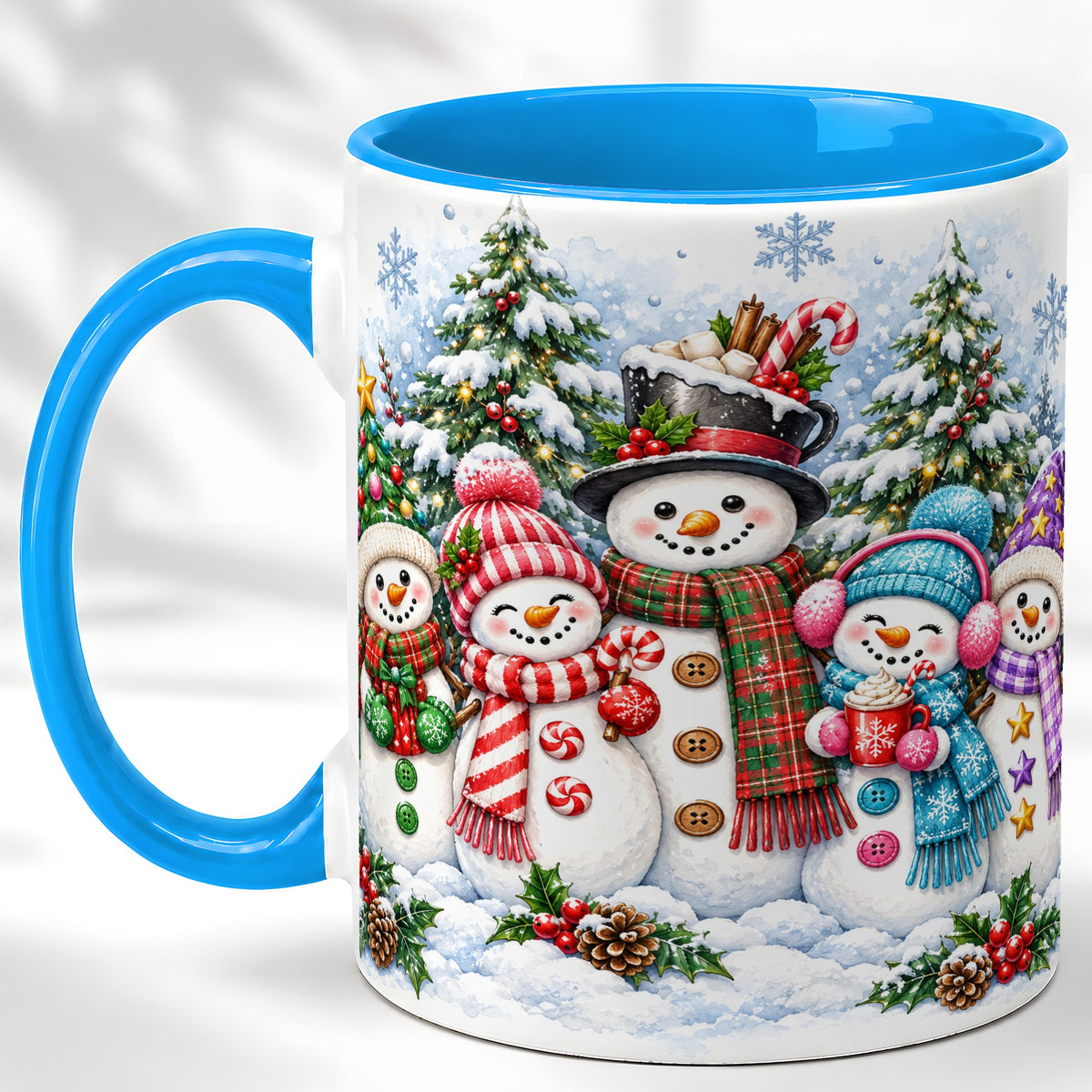#pl[11oz|Blue] Snowman Family Coffee Mug, Watercolor Christmas Mug, Ceramic Cup