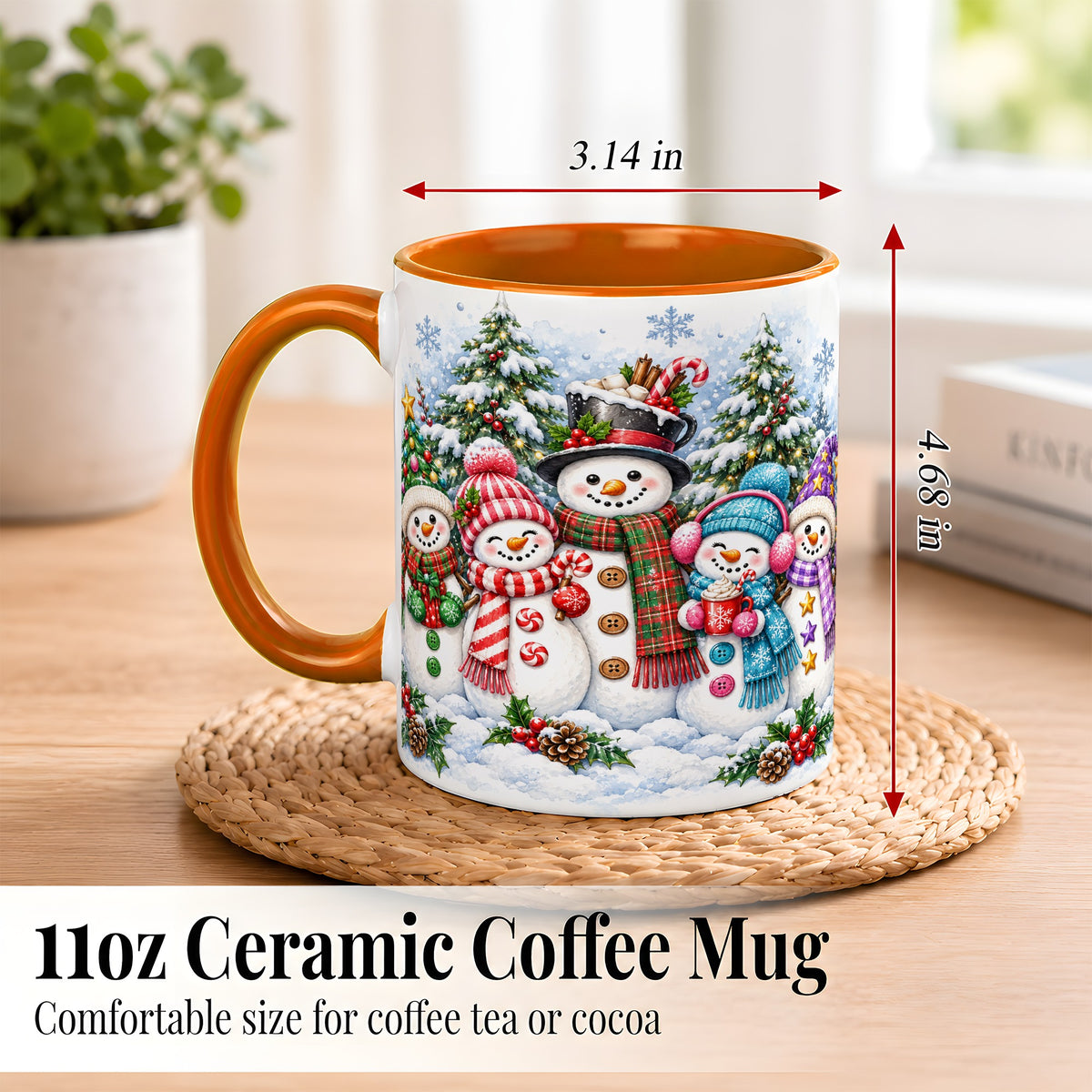 #pl[11oz|Orange] Snowman Family Coffee Mug, Watercolor Christmas Mug, Ceramic Cup