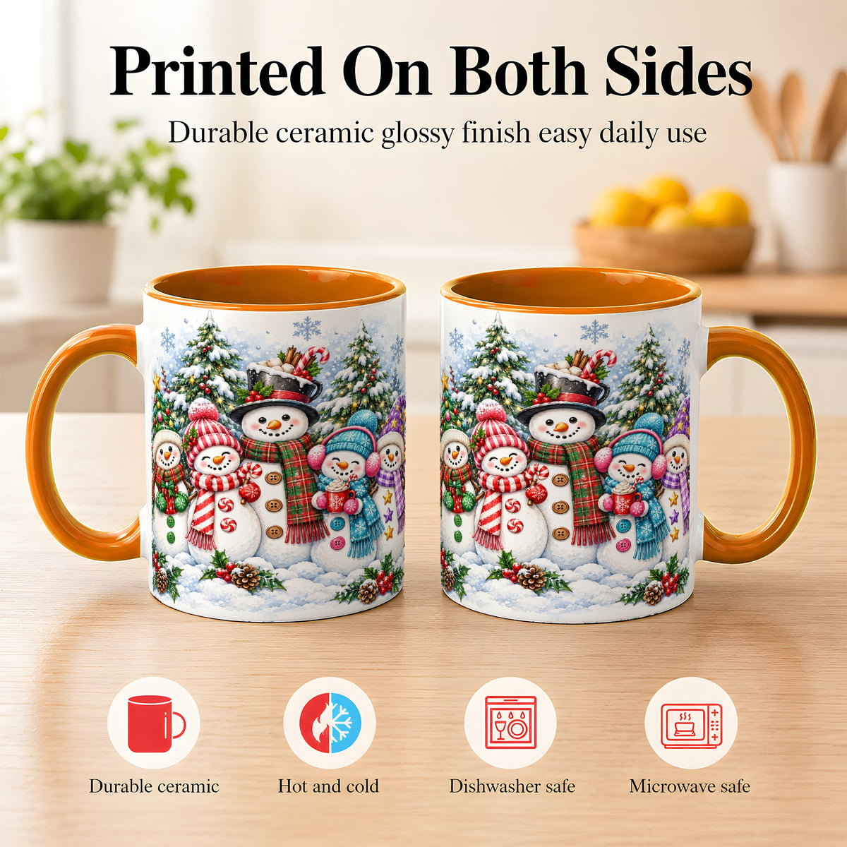 #pl[11oz|Orange] Snowman Family Coffee Mug, Watercolor Christmas Mug, Ceramic Cup