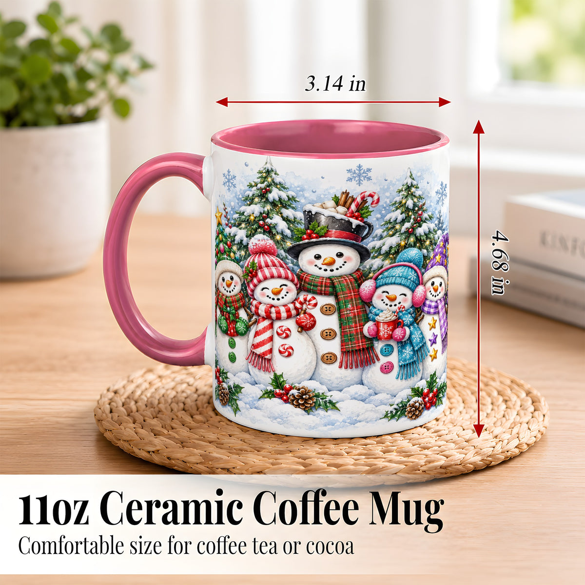 #pl[11oz|Pink] Snowman Family Coffee Mug, Watercolor Christmas Mug, Ceramic Cup
