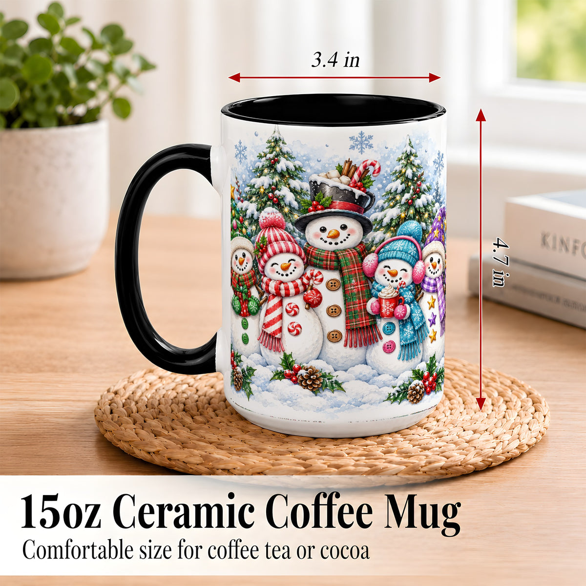 #pl[15oz|Black] Snowman Family Coffee Mug, Watercolor Christmas Mug, Ceramic Cup