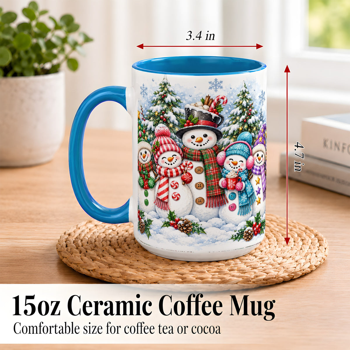 #pl[15oz|Blue] Snowman Family Coffee Mug, Watercolor Christmas Mug, Ceramic Cup