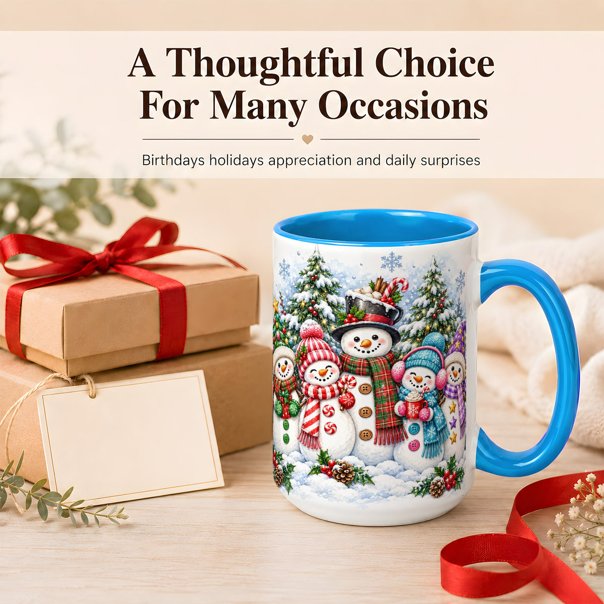 #pl[15oz|Blue] Snowman Family Coffee Mug, Watercolor Christmas Mug, Ceramic Cup