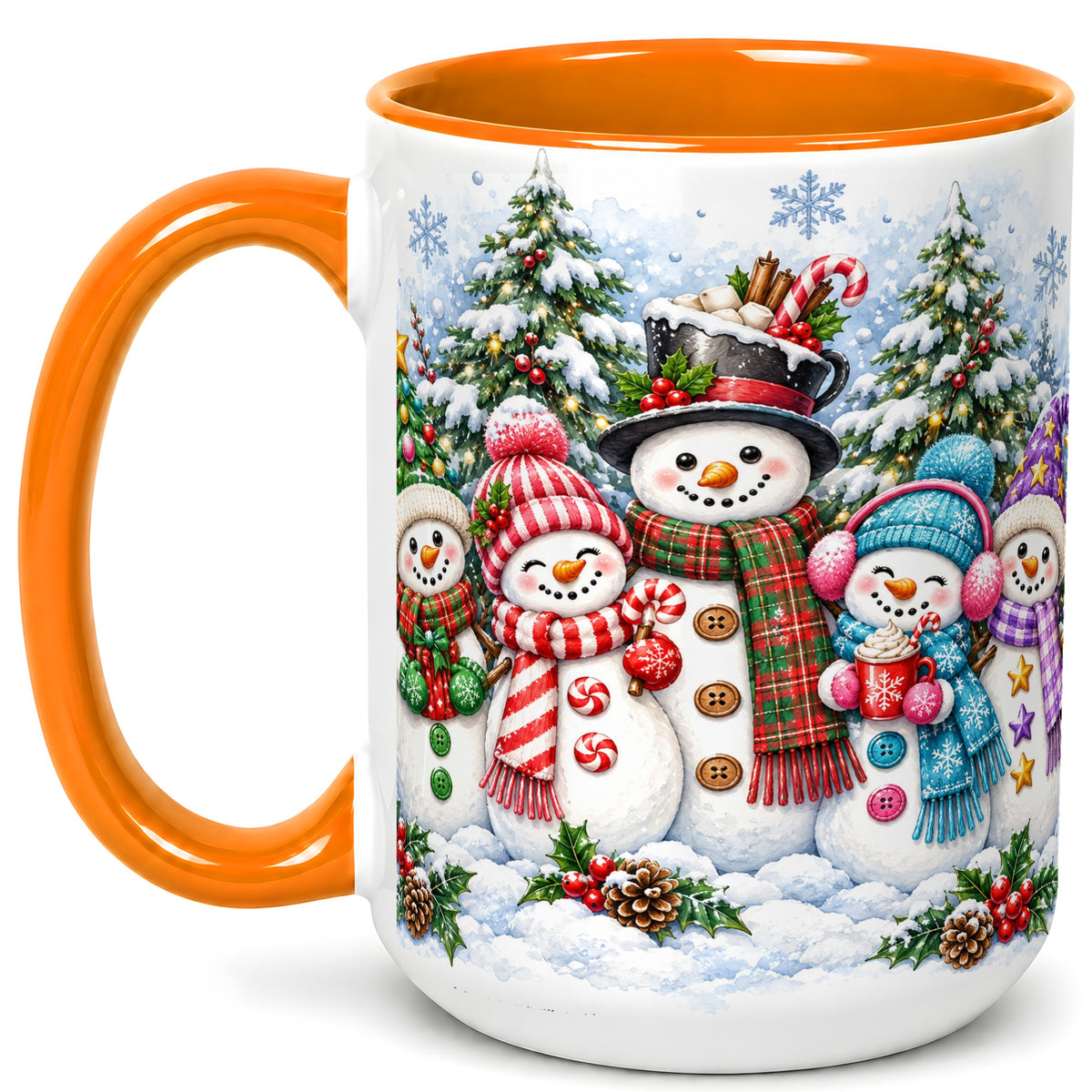 #pl[15oz|Orange] Snowman Family Coffee Mug, Watercolor Christmas Mug, Ceramic Cup