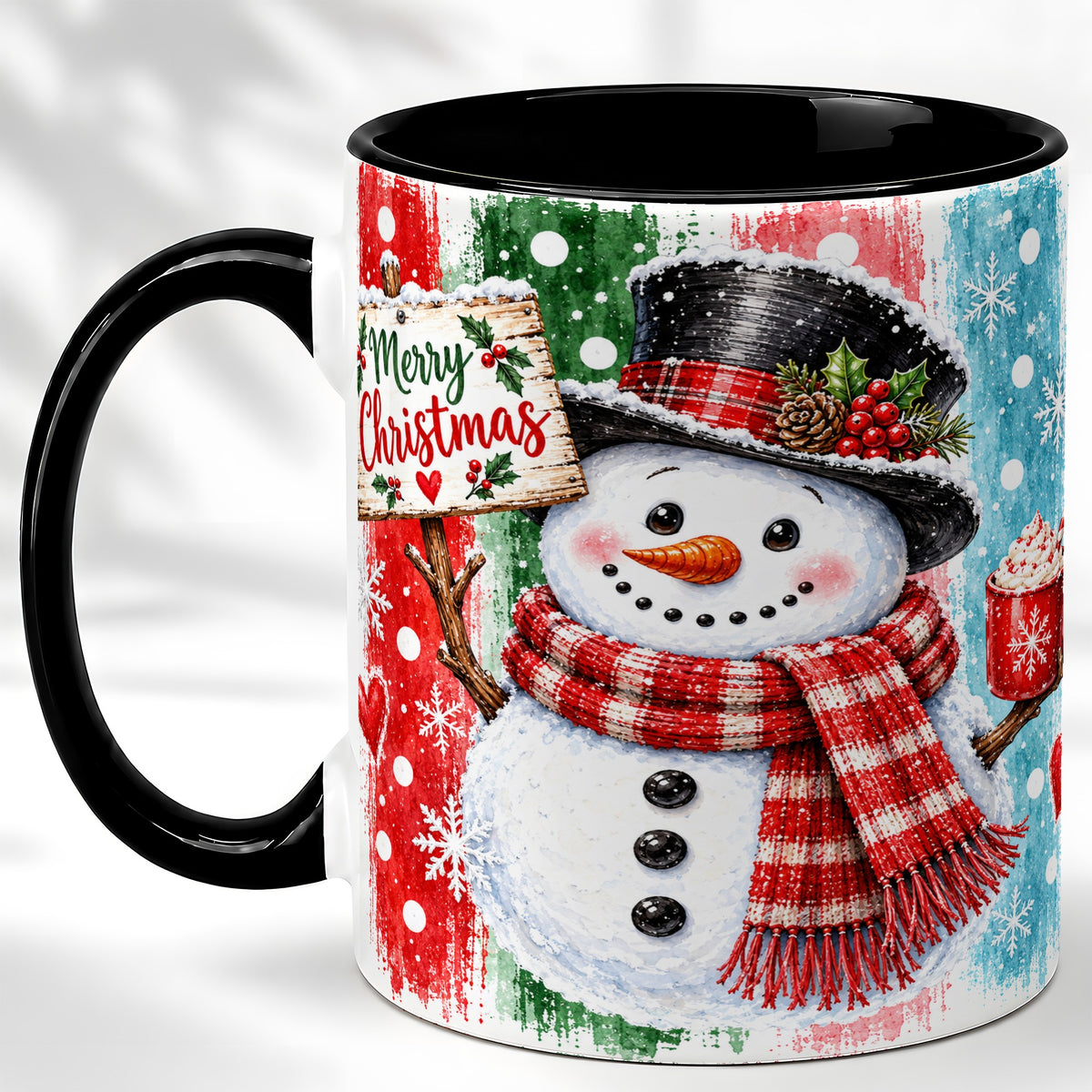 #pl[11oz|Black] Christmas Snowman Coffee Mug, Holiday Cocoa Mug, Ceramic Cup