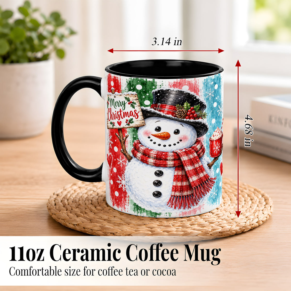 #pl[11oz|Black] Christmas Snowman Coffee Mug, Holiday Cocoa Mug, Ceramic Cup