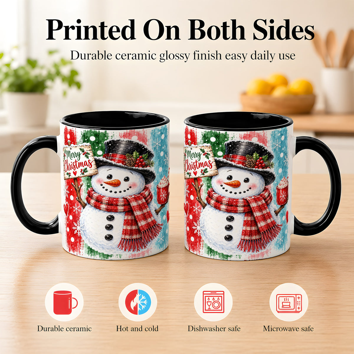 #pl[11oz|Black] Christmas Snowman Coffee Mug, Holiday Cocoa Mug, Ceramic Cup