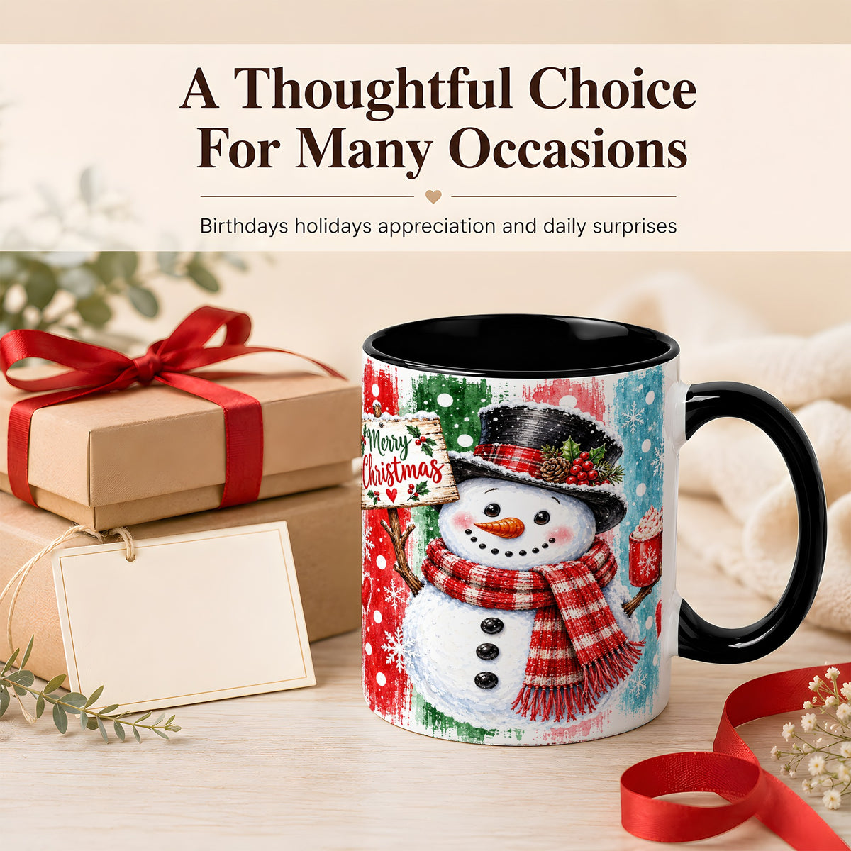 #pl[11oz|Black] Christmas Snowman Coffee Mug, Holiday Cocoa Mug, Ceramic Cup