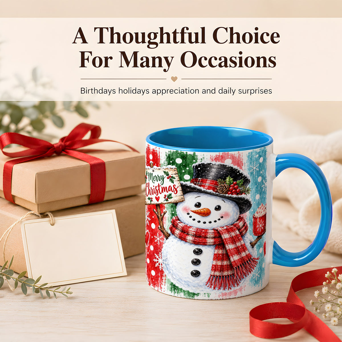 #pl[11oz|Blue] Christmas Snowman Coffee Mug, Holiday Cocoa Mug, Ceramic Cup