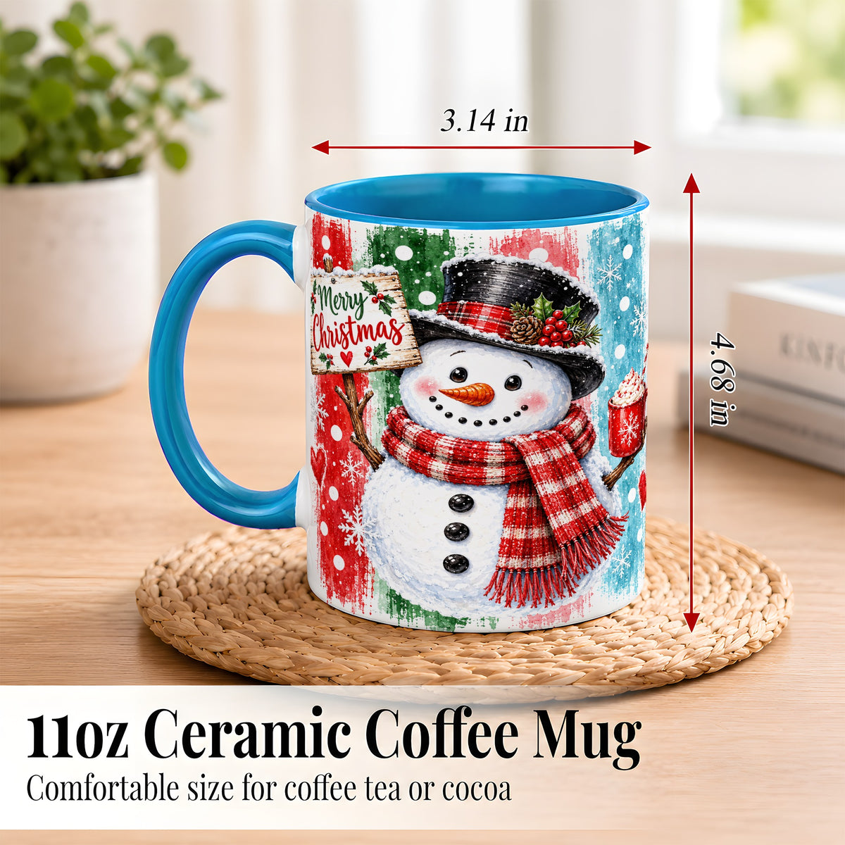 #pl[11oz|Blue] Christmas Snowman Coffee Mug, Holiday Cocoa Mug, Ceramic Cup