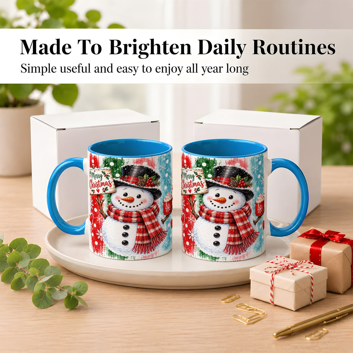 #pl[11oz|Blue] Christmas Snowman Coffee Mug, Holiday Cocoa Mug, Ceramic Cup
