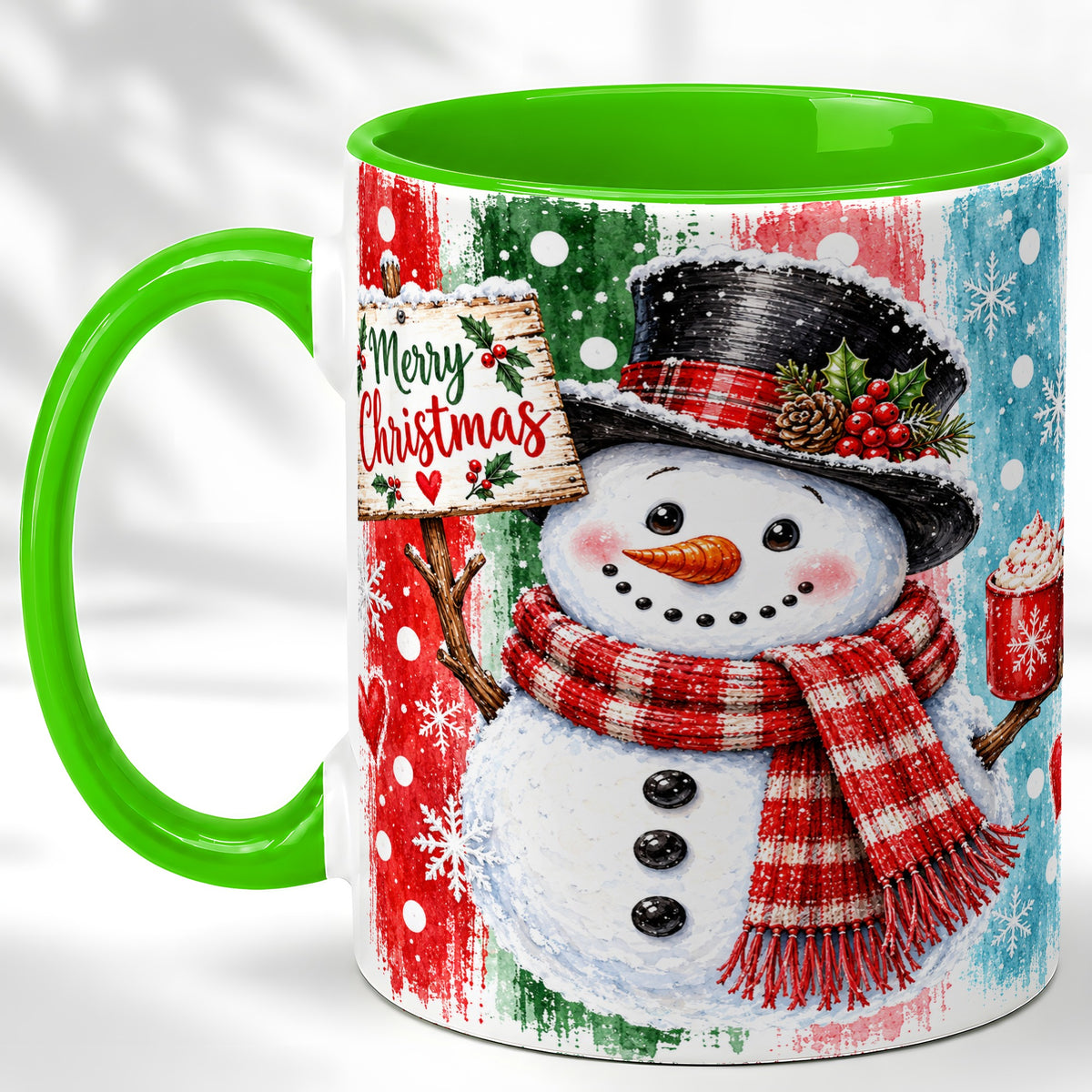 #pl[11oz|Green] Christmas Snowman Coffee Mug, Holiday Cocoa Mug, Ceramic Cup