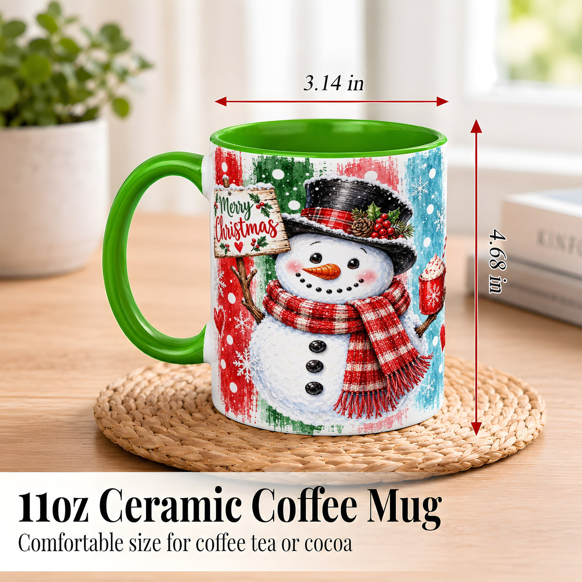 #pl[11oz|Green] Christmas Snowman Coffee Mug, Holiday Cocoa Mug, Ceramic Cup
