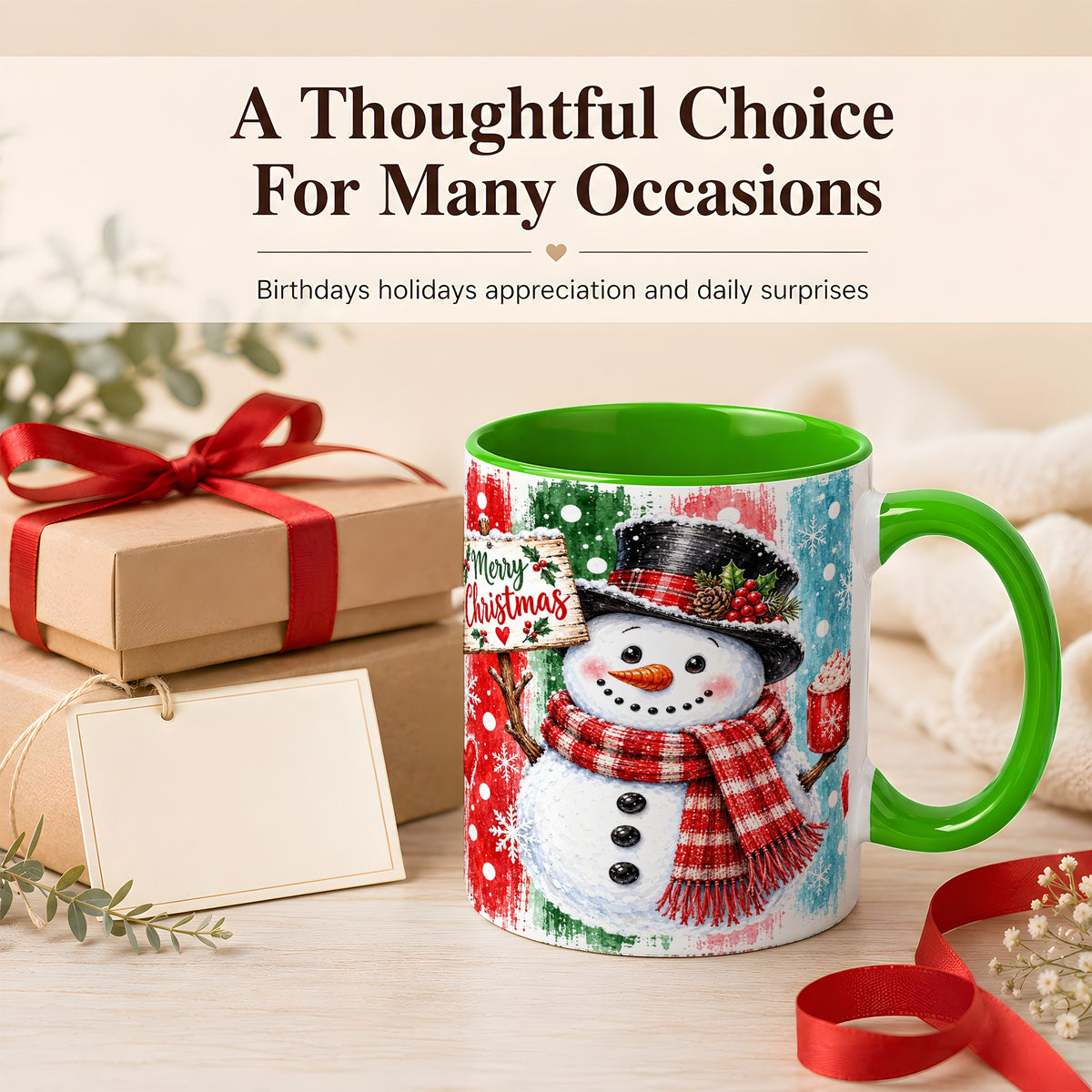 #pl[11oz|Green] Christmas Snowman Coffee Mug, Holiday Cocoa Mug, Ceramic Cup