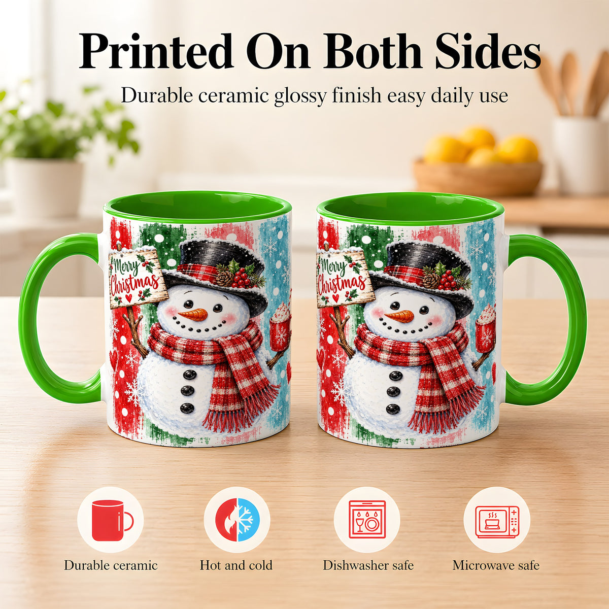 #pl[11oz|Green] Christmas Snowman Coffee Mug, Holiday Cocoa Mug, Ceramic Cup