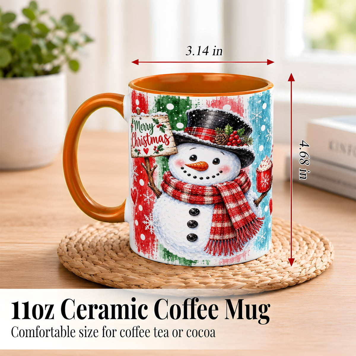#pl[11oz|Orange] Christmas Snowman Coffee Mug, Holiday Cocoa Mug, Ceramic Cup