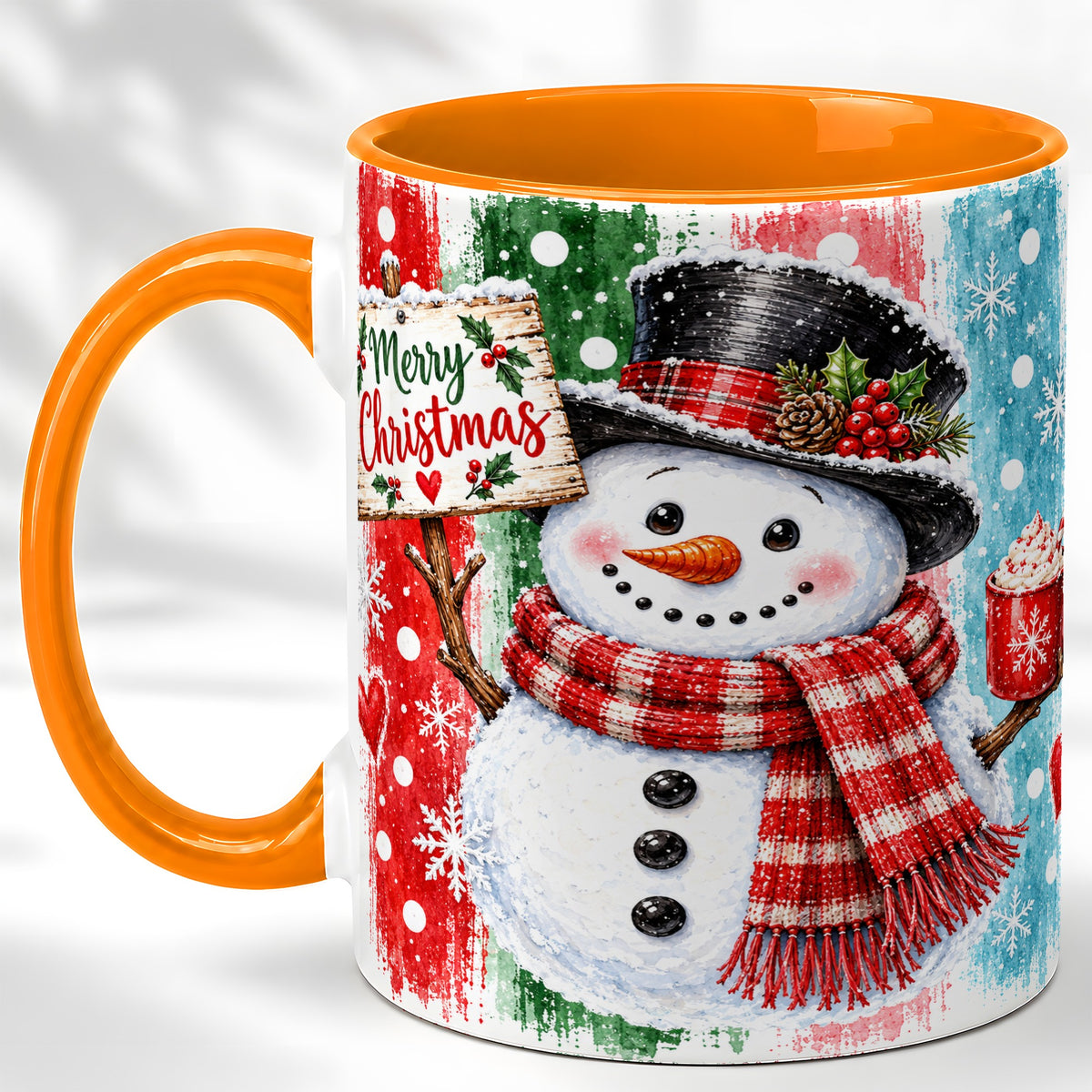 #pl[11oz|Orange] Christmas Snowman Coffee Mug, Holiday Cocoa Mug, Ceramic Cup