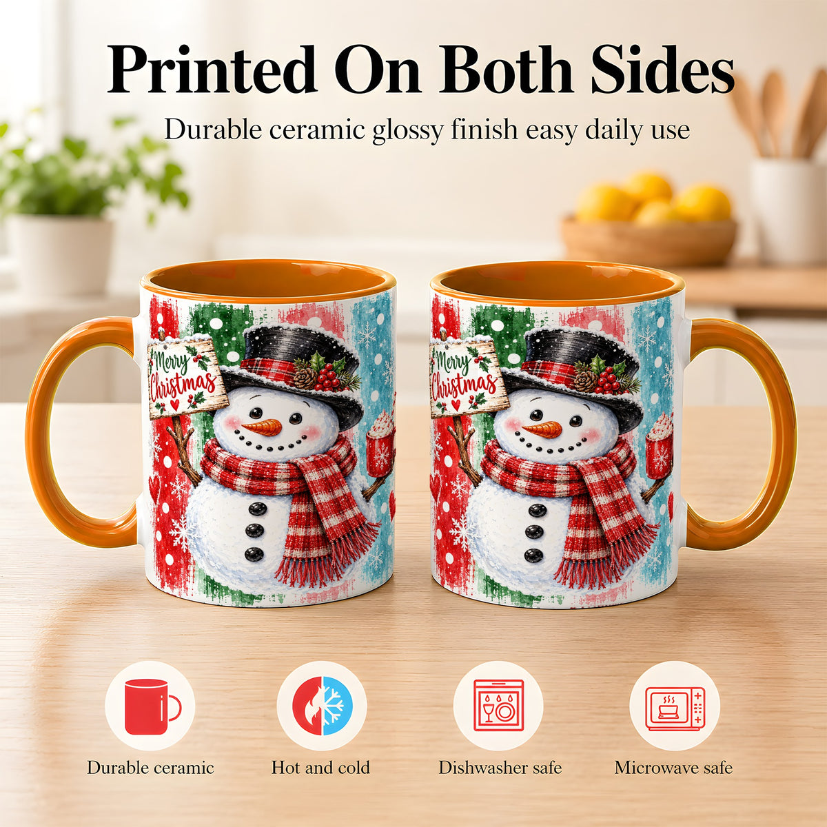 #pl[11oz|Orange] Christmas Snowman Coffee Mug, Holiday Cocoa Mug, Ceramic Cup