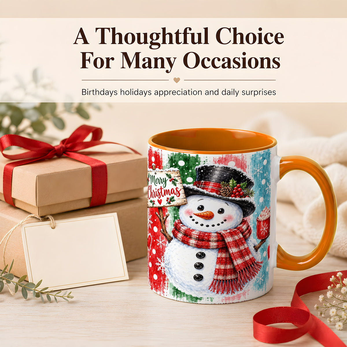 #pl[11oz|Orange] Christmas Snowman Coffee Mug, Holiday Cocoa Mug, Ceramic Cup