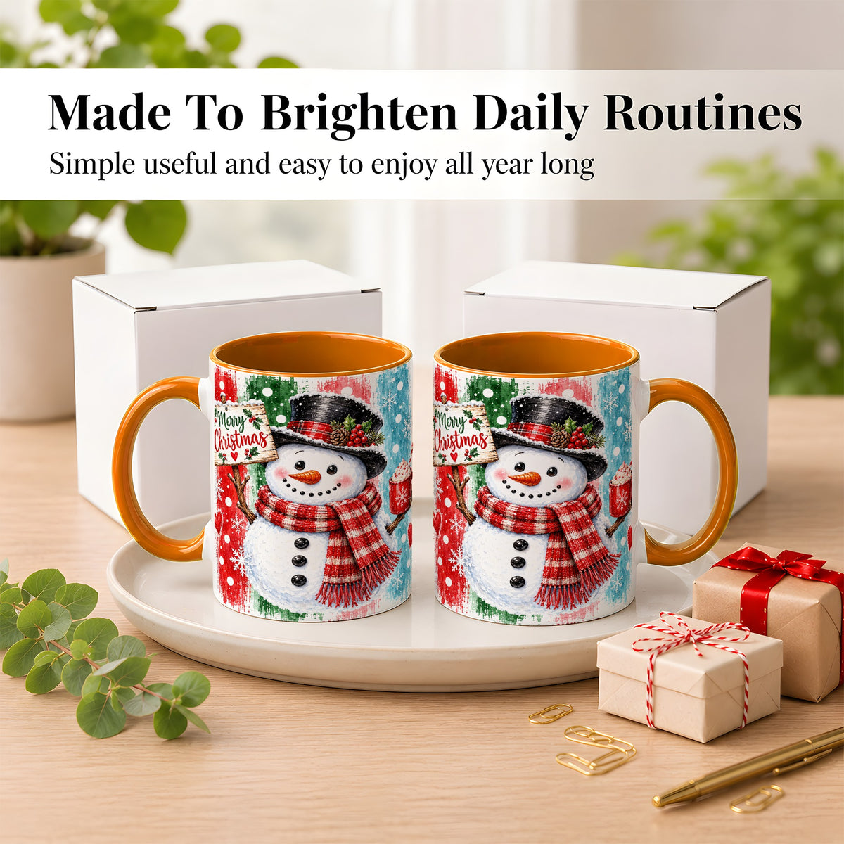 #pl[11oz|Orange] Christmas Snowman Coffee Mug, Holiday Cocoa Mug, Ceramic Cup