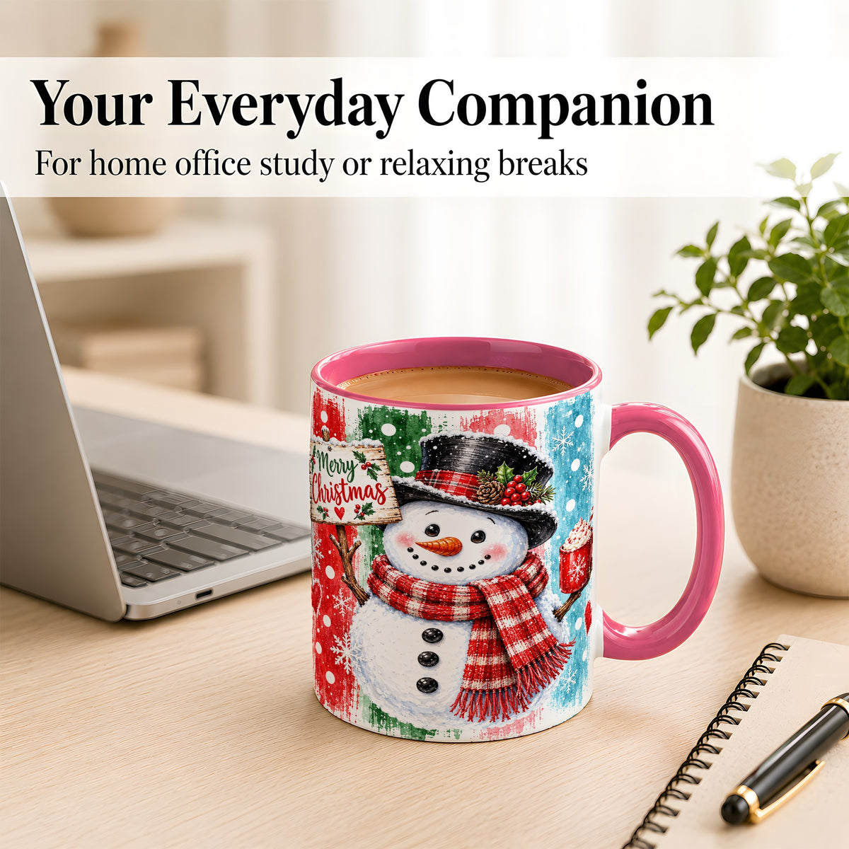 #pl[11oz|Pink] Christmas Snowman Coffee Mug, Holiday Cocoa Mug, Ceramic Cup