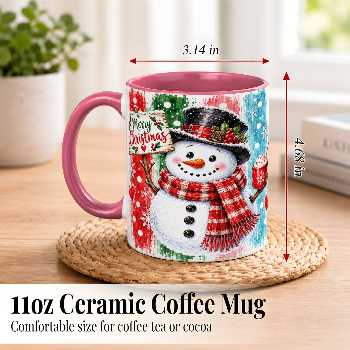 #pl[11oz|Pink] Christmas Snowman Coffee Mug, Holiday Cocoa Mug, Ceramic Cup