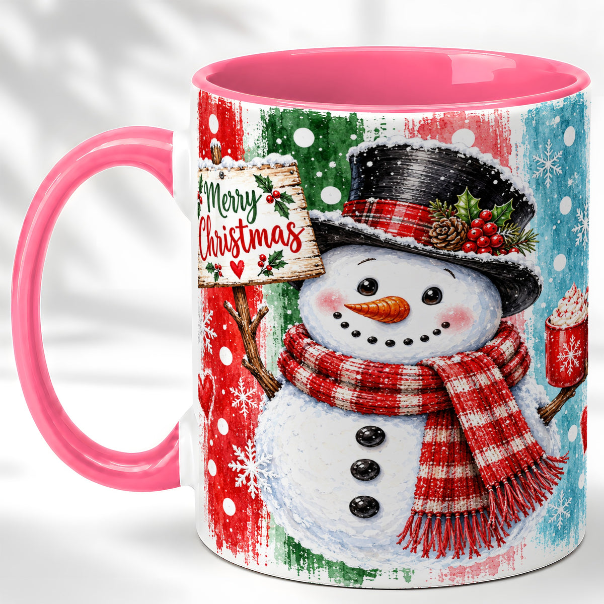 #pl[11oz|Pink] Christmas Snowman Coffee Mug, Holiday Cocoa Mug, Ceramic Cup