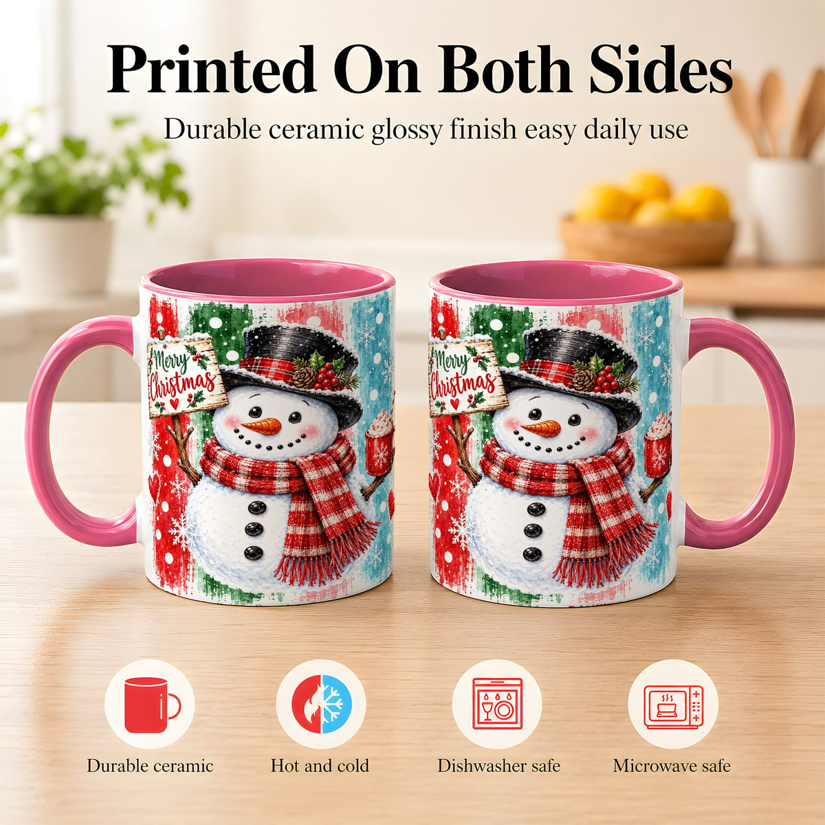 #pl[11oz|Pink] Christmas Snowman Coffee Mug, Holiday Cocoa Mug, Ceramic Cup