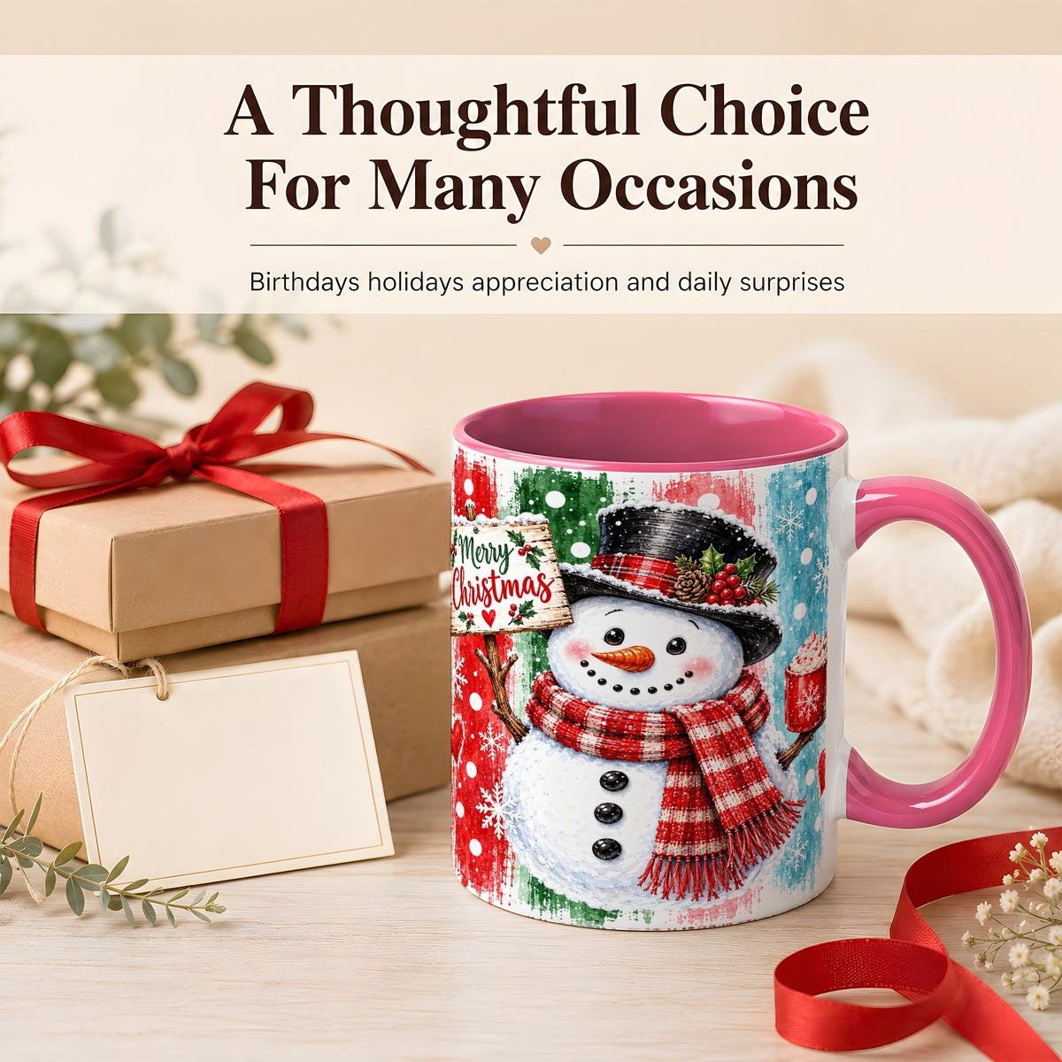 #pl[11oz|Pink] Christmas Snowman Coffee Mug, Holiday Cocoa Mug, Ceramic Cup