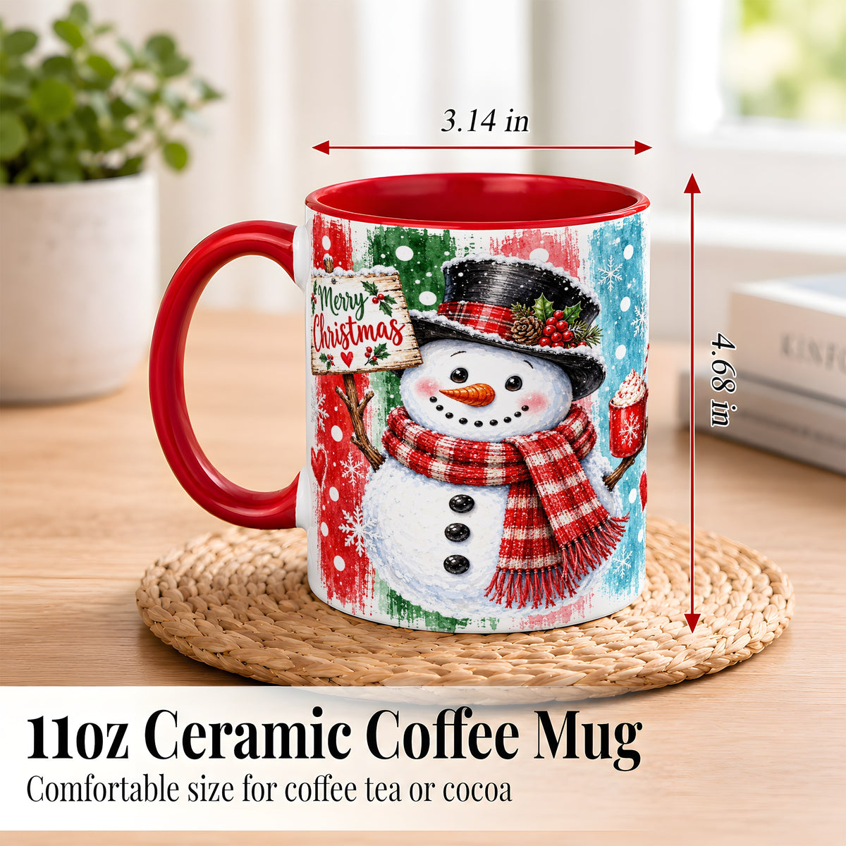 #pl[11oz|Red] Christmas Snowman Coffee Mug, Holiday Cocoa Mug, Ceramic Cup