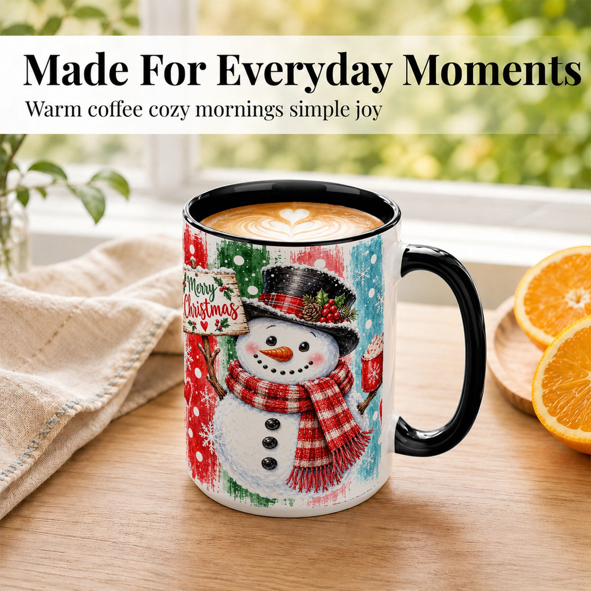 #pl[15oz|Black] Christmas Snowman Coffee Mug, Holiday Cocoa Mug, Ceramic Cup