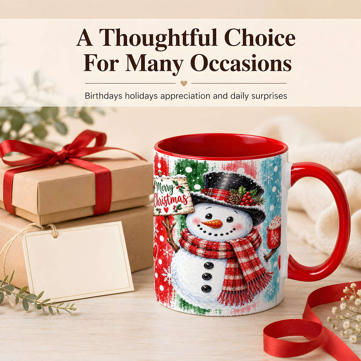 #pl[11oz|Red] Christmas Snowman Coffee Mug, Holiday Cocoa Mug, Ceramic Cup