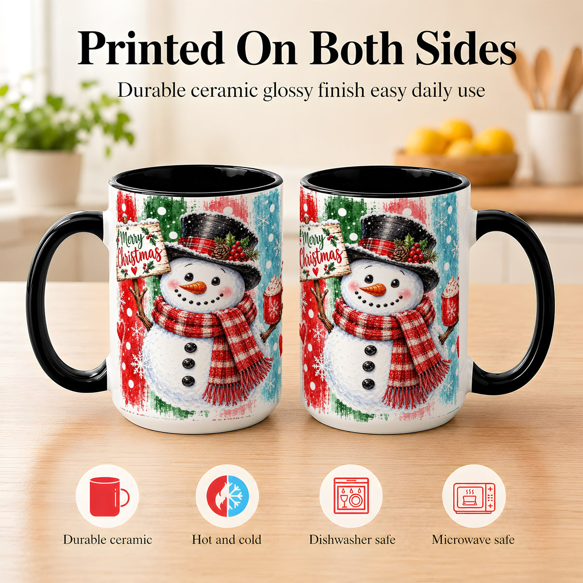#pl[15oz|Black] Christmas Snowman Coffee Mug, Holiday Cocoa Mug, Ceramic Cup