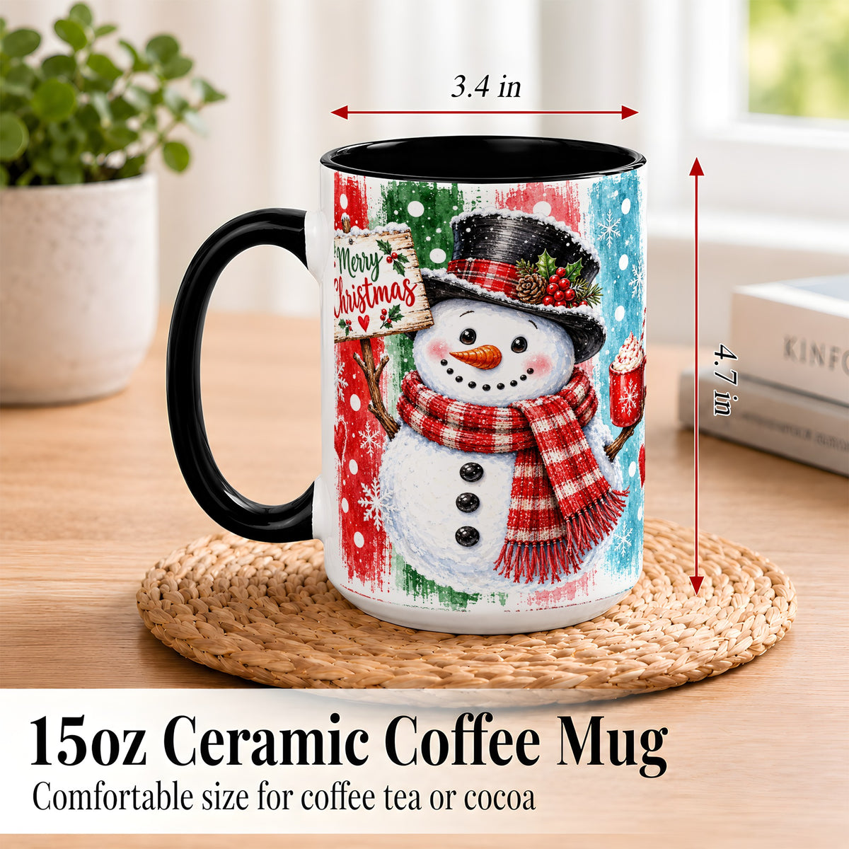 #pl[15oz|Black] Christmas Snowman Coffee Mug, Holiday Cocoa Mug, Ceramic Cup