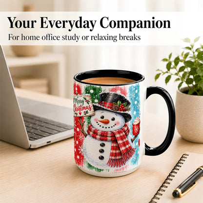 #pl[15oz|Black] Christmas Snowman Coffee Mug, Holiday Cocoa Mug, Ceramic Cup