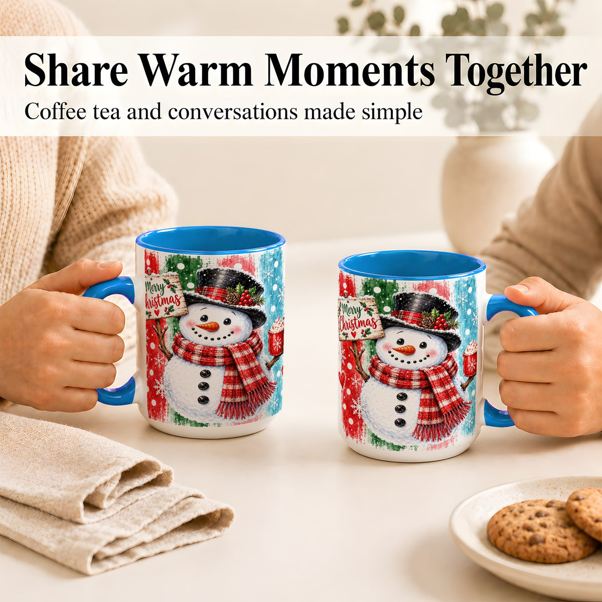 #pl[15oz|Blue] Christmas Snowman Coffee Mug, Holiday Cocoa Mug, Ceramic Cup