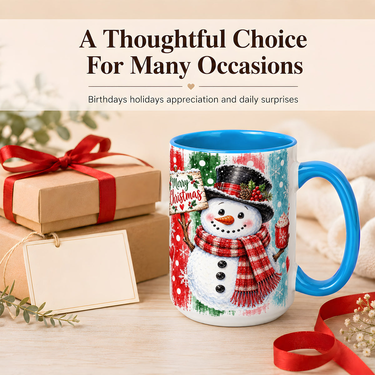 #pl[15oz|Blue] Christmas Snowman Coffee Mug, Holiday Cocoa Mug, Ceramic Cup
