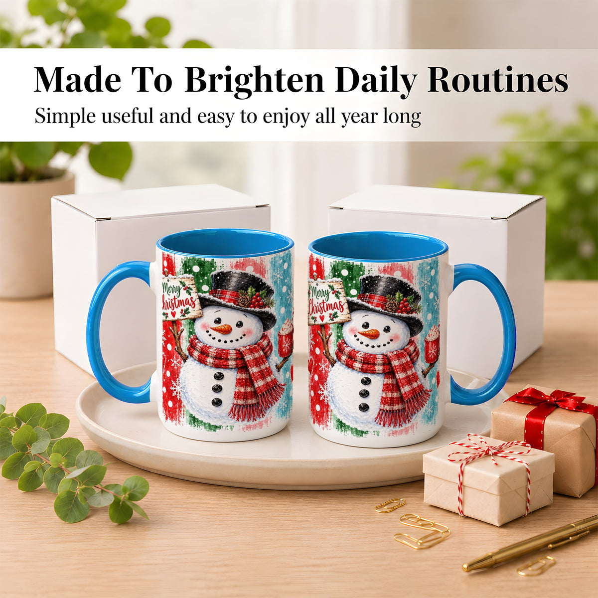 #pl[15oz|Blue] Christmas Snowman Coffee Mug, Holiday Cocoa Mug, Ceramic Cup