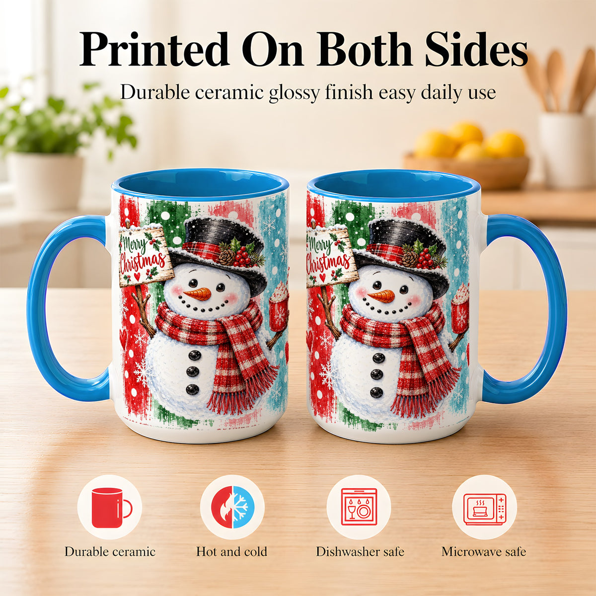 #pl[15oz|Blue] Christmas Snowman Coffee Mug, Holiday Cocoa Mug, Ceramic Cup
