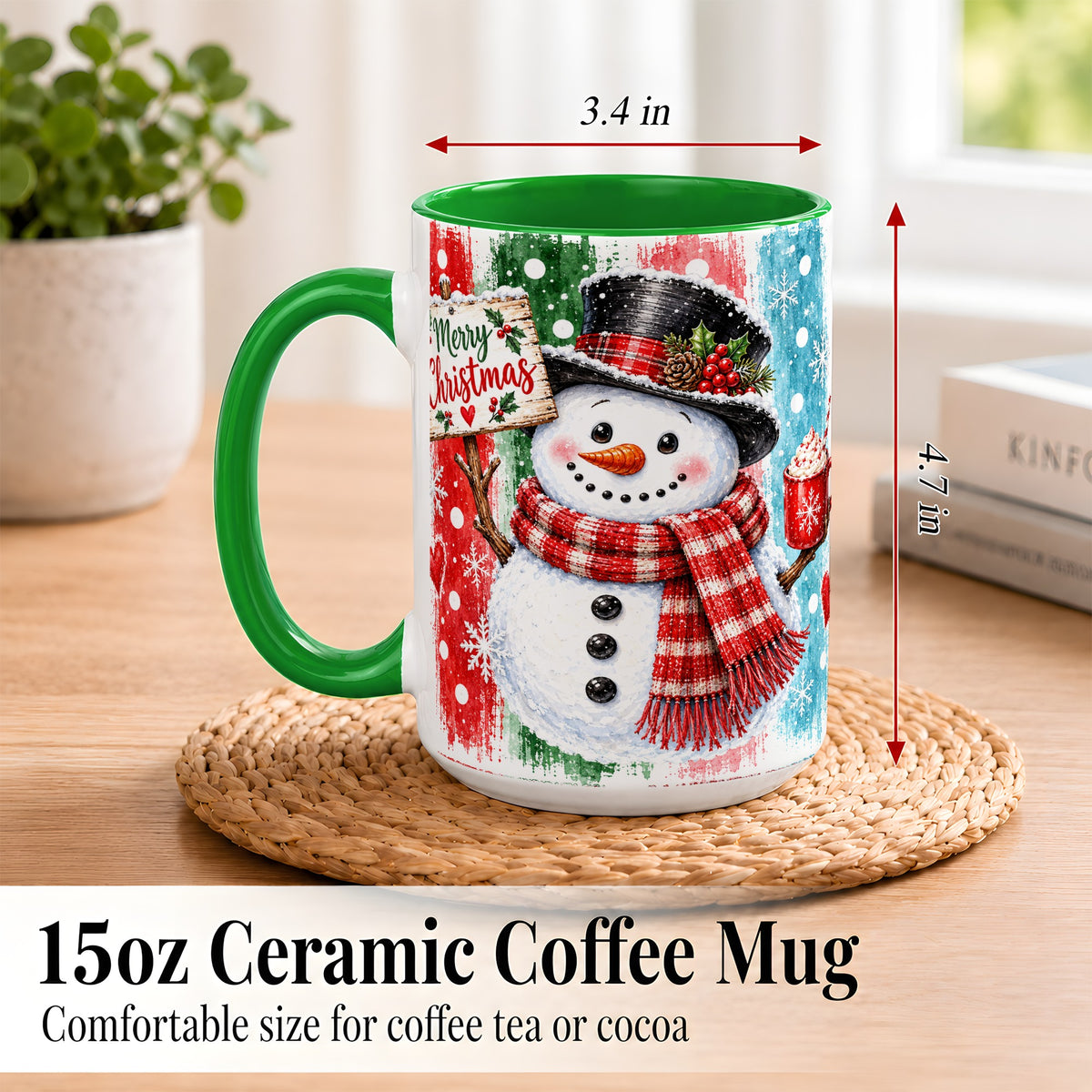#pl[15oz|Green] Christmas Snowman Coffee Mug, Holiday Cocoa Mug, Ceramic Cup