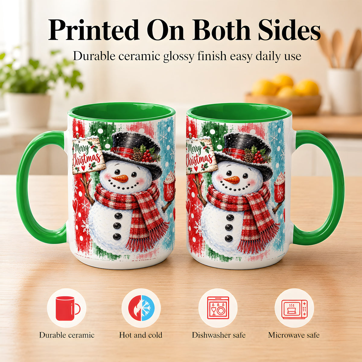 #pl[15oz|Green] Christmas Snowman Coffee Mug, Holiday Cocoa Mug, Ceramic Cup