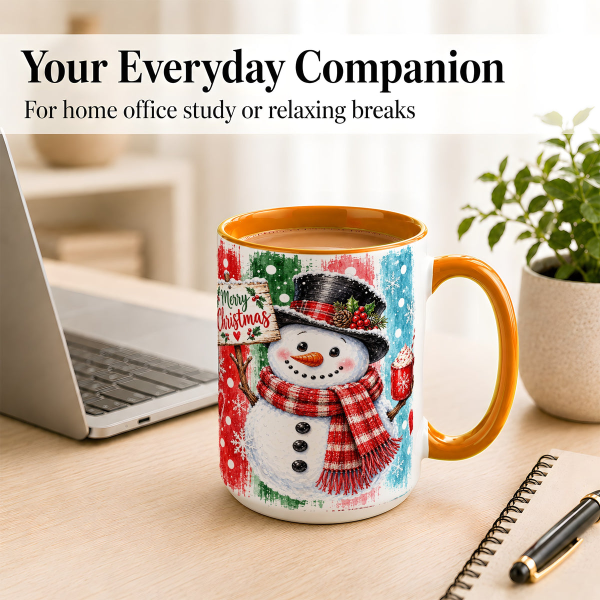 #pl[15oz|Orange] Christmas Snowman Coffee Mug, Holiday Cocoa Mug, Ceramic Cup