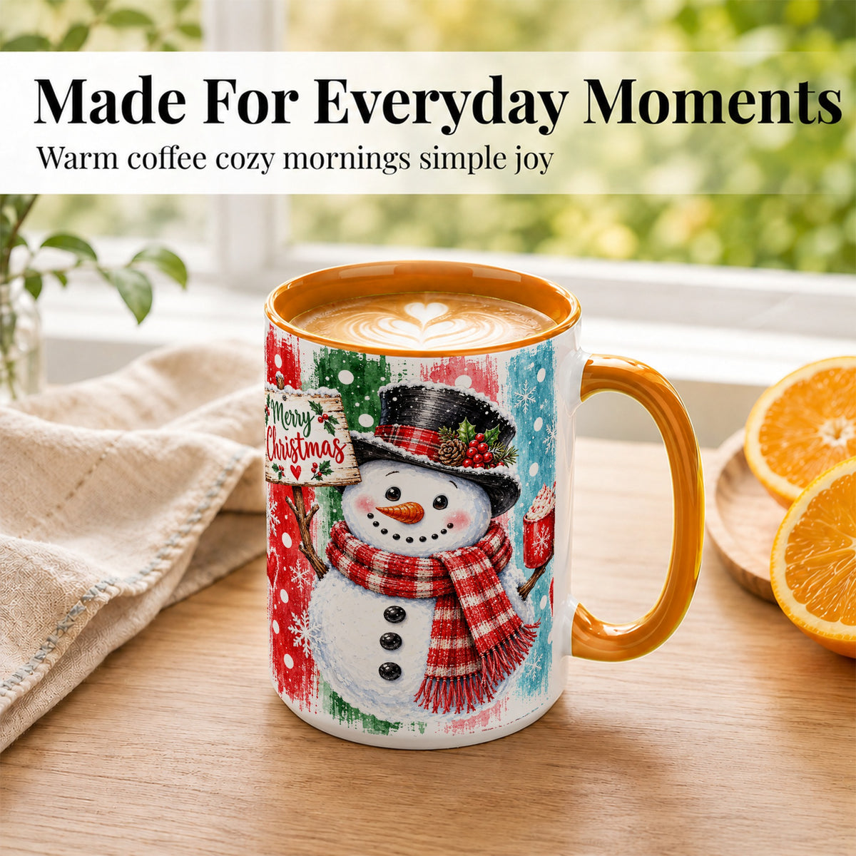 #pl[15oz|Orange] Christmas Snowman Coffee Mug, Holiday Cocoa Mug, Ceramic Cup