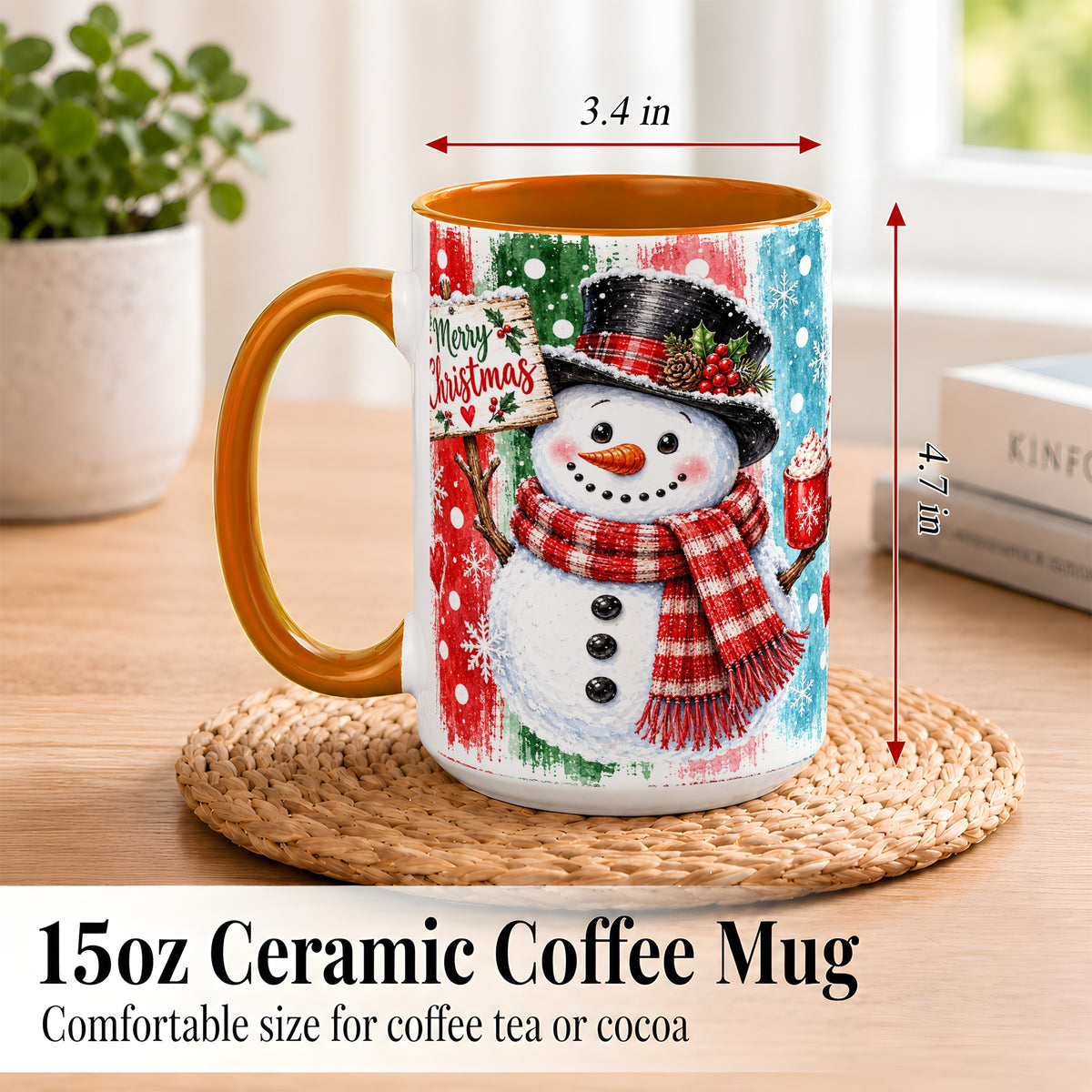 #pl[15oz|Orange] Christmas Snowman Coffee Mug, Holiday Cocoa Mug, Ceramic Cup