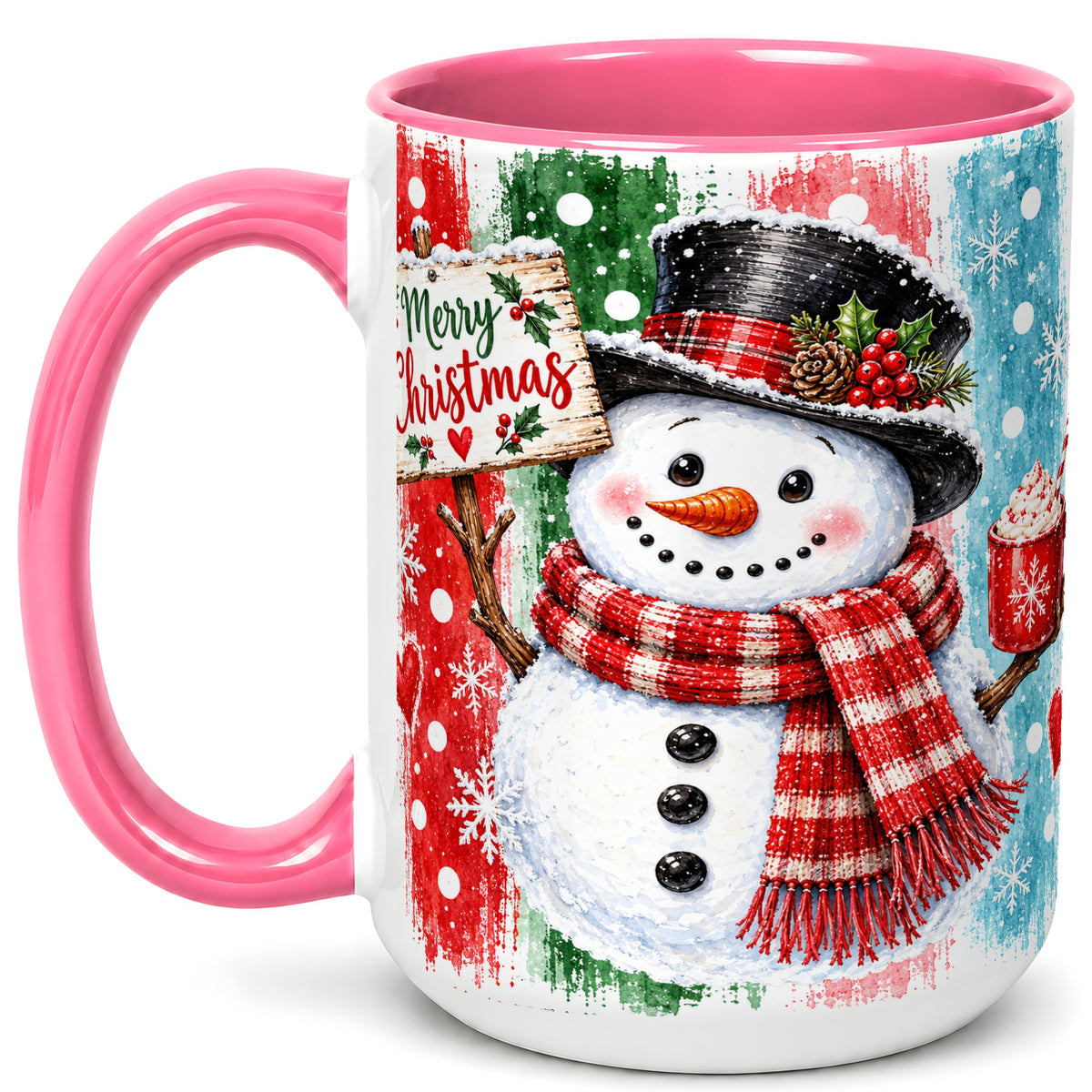 #pl[15oz|Pink] Christmas Snowman Coffee Mug, Holiday Cocoa Mug, Ceramic Cup