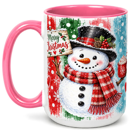 #pl[15oz|Pink] Christmas Snowman Coffee Mug, Holiday Cocoa Mug, Ceramic Cup