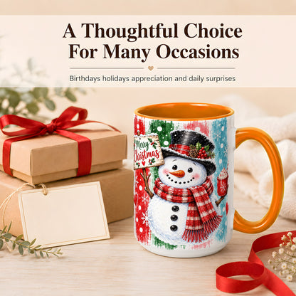 #pl[15oz|Orange] Christmas Snowman Coffee Mug, Holiday Cocoa Mug, Ceramic Cup