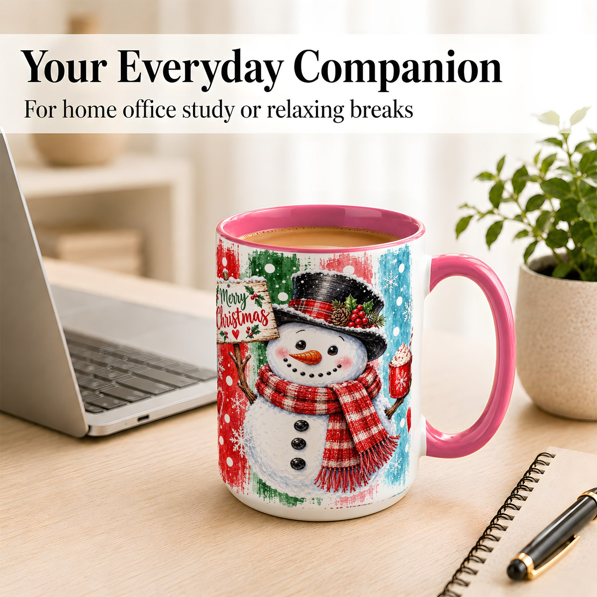 #pl[15oz|Pink] Christmas Snowman Coffee Mug, Holiday Cocoa Mug, Ceramic Cup