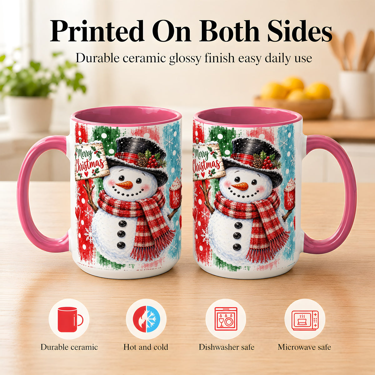 #pl[15oz|Pink] Christmas Snowman Coffee Mug, Holiday Cocoa Mug, Ceramic Cup